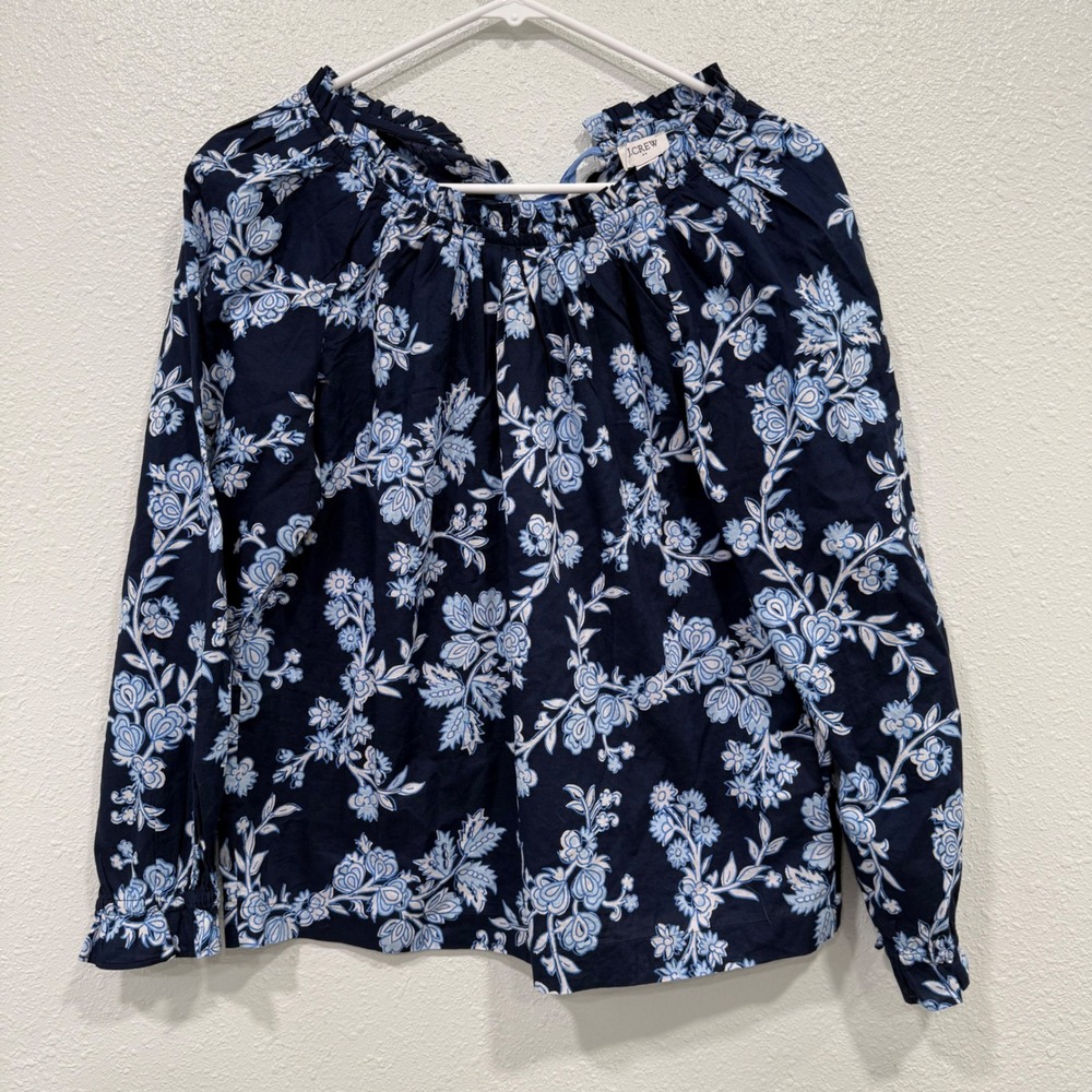 J.Crew Navy Blue Floral Ruffle Neck Tie Back Blouse XS Long‎ Sleeve Cotton Top